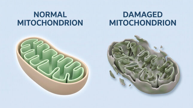 3D medical comparison of normal and damaged mitochondrion