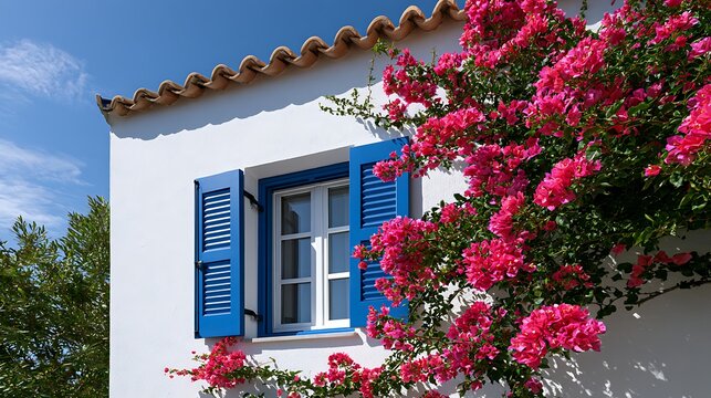 Blue Shutter Window Framed by Bougainvillea / ブーゲンビリアに縁取られた青い鎧戸の窓