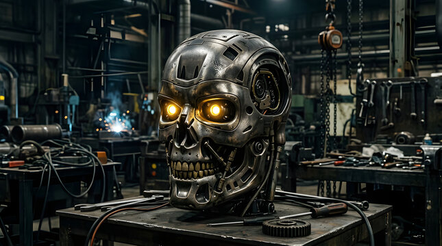 Robotic metal skull with glowing eyes in industrial workshop