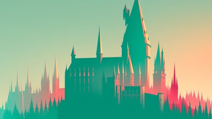 Fototapeta premium Fantasy magic school castle silhouette with gothic spires over pine treeline under teal and coral twilight sky, duotone vector illustration for storybook covers