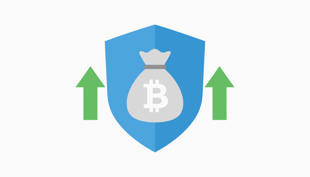 Bitcoin wallet security conceptual icon with cryptocurrency money bag on blue shield and upward growth green arrows.