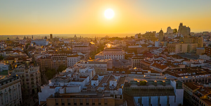 Madrid Old City Skyline and Historic Architecture at Golden Sunset in Spain