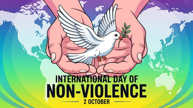 International day of non-violence poster design featuring human hands holding a white dove with olive branch over