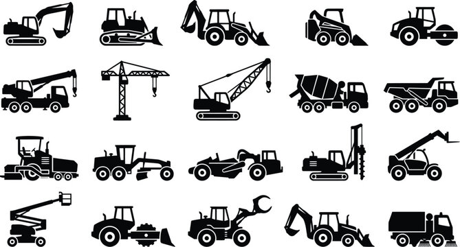 WebConstruction machinery silhouettes set with excavators bulldozers cranes trucks loaders rollers and industrial equipment