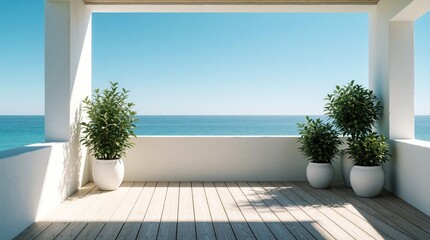 Obraz premium Empty balcony with potted green plants overlooks tranquil blue ocean horizon. White railing provides clean view of calm sea. Sunny day on modern terrace.