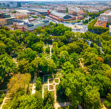 Plaza del Emperador Carlos V and Atocha Station Aerial View in Madrid