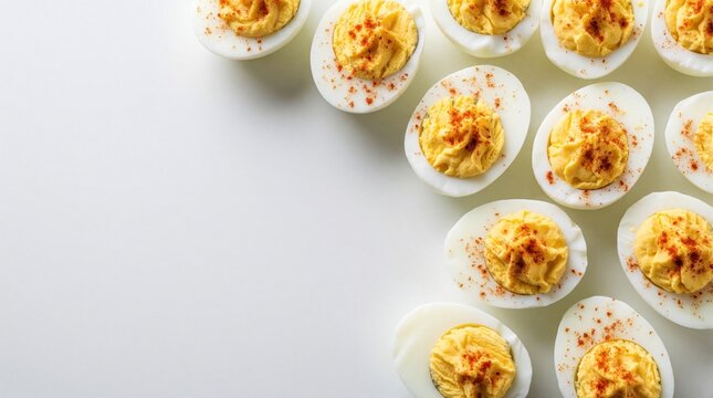 Arrange tasty deviled eggs on clean white surface. Top view of halved hard boiled eggs with creamy yellow filling and paprika sprinkle. Perfect for food blogs or party menus.