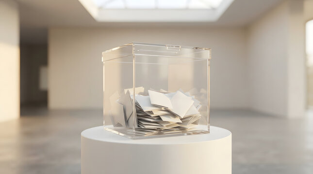 Clear Acrylic Ballot Box Containing Stacked Voting Papers on a Pedestal in a Modern Minimalist Gallery Space for Democratic Election Concepts