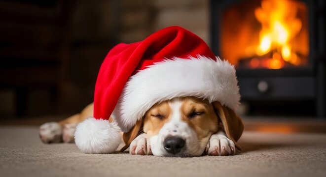 Festive Slumber: A heartwarming scene of a beagle puppy wearing a Santa hat, peacefully asleep on a cozy carpet in front of a warm, crackling fireplace, embodying the spirit of Christmas.
