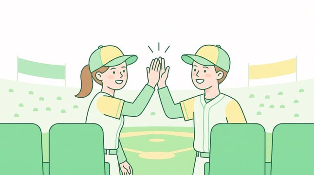Vector illustration of a couple smiling and high-fiving at a baseball stadium