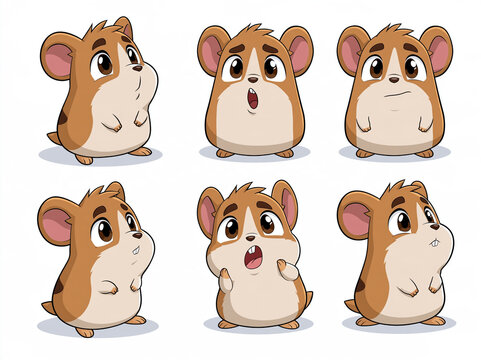 Vector set of 6 cute cartoon hamsters with different facial expressions. Brown and white hamster character with big eyes, perfect for stickers, kids design, and emoji pack.