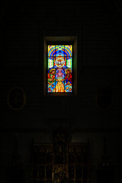 Almudena Cathedral Interior with Altar and Vaulted Nave in Madrid Spain