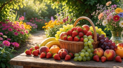 Obraz premium Fresh organic fruit basket sits on wooden table in sunny garden. Colorful assortment of strawberries, grapes, peaches, bananas, oranges. Vibrant summer harvest display with flowers in vase. Healthy