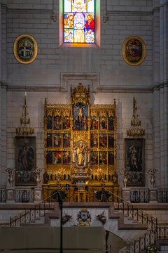 Almudena Cathedral Interior with Altar and Vaulted Nave in Madrid Spain