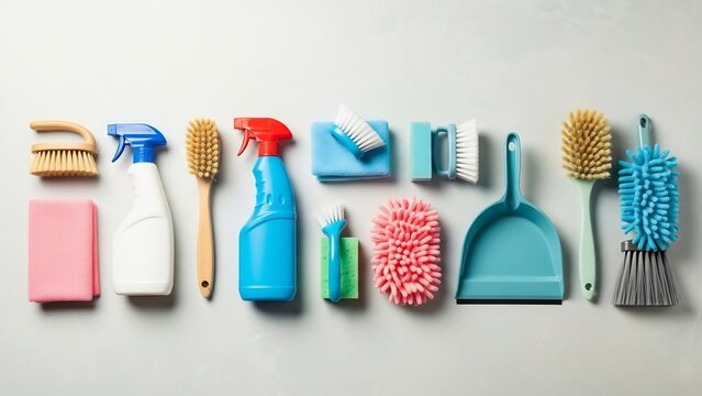 Cleaning Supplies Array: A vibrant collection of household cleaning essentials arranged neatly, including spray bottles, brushes, sponges, and a dustpan, ready to tackle any mess.