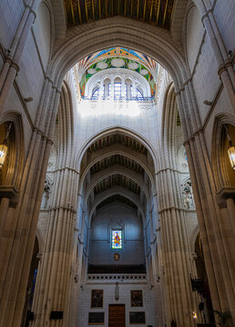 Almudena Cathedral Interior with Altar and Vaulted Nave in Madrid Spain