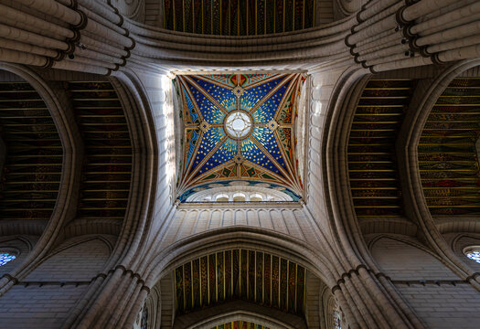 Almudena Cathedral Interior with Altar and Vaulted Nave in Madrid Spain