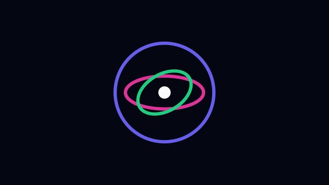 Abstract atom model animation with rotating neon orbital rings on dark 4k background, physics science