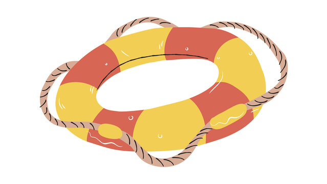 A hand drawn vector illustration of a red and yellow lifebuoy ring with attached rope transparent background