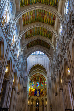 Almudena Cathedral Interior with Altar and Vaulted Nave in Madrid Spain
