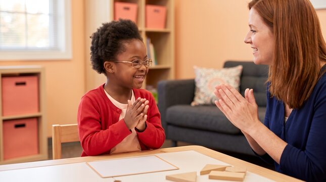 Occupational therapy: Black child with Down syndrome builds motor skills through joyful clapping exercise