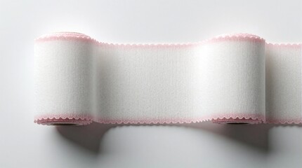 Obraz premium White elastic bandage roll with pink edges on plain background. Medical gauze for compression therapy injury support. First aid supply for wound care, sports injury treatment, orthopedic use in