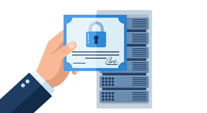 Hand Holding SSL Digital Certificate in Front of Server Rack, Cybersecurity and Web Encryption Concept
