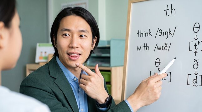 Speech therapy: Asian therapist models tongue placement while teaching voiced and voiceless th sounds