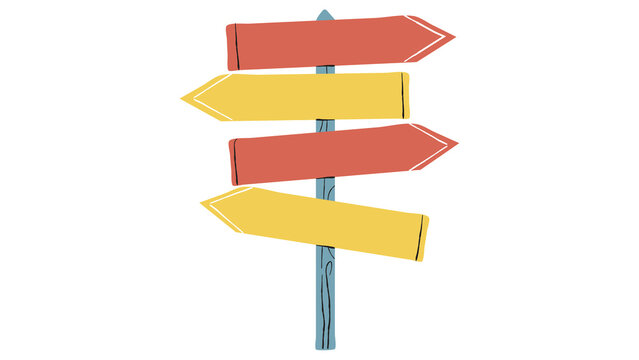 Hand drawn wooden directional signpost with blank arrows pointing different ways transparent background