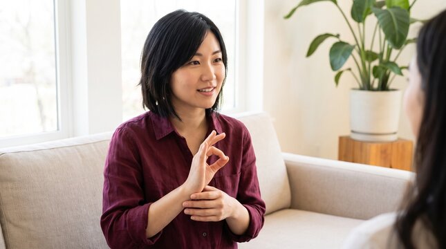 Speech therapy: Asian woman practices neuro exercise hand gesture to support speech development during conversation