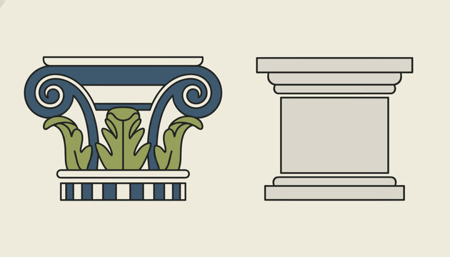 Antique Corinthian pillar capital with green acanthus leaves and blue scrolls, alongside a simple blank stone pedestal.