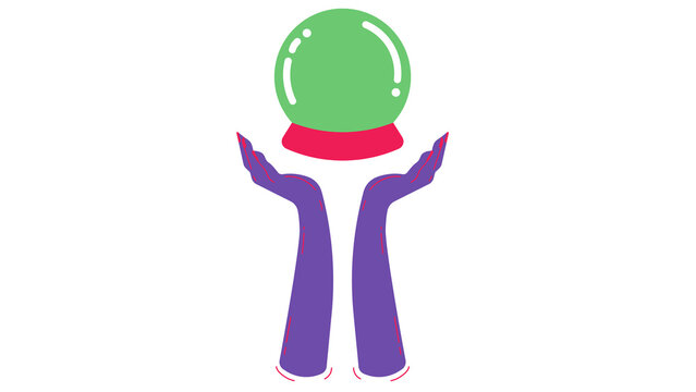 Stylized vector illustration of two purple hands holding a green magic crystal ball transparent background