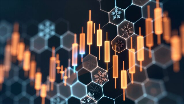 Digital candlestick chart overlays hexagonal grid with glowing snowflake icons.