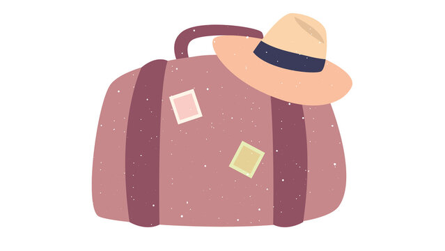 Vintage pink suitcase with travel stickers and a sun hat isolated on white transparent background