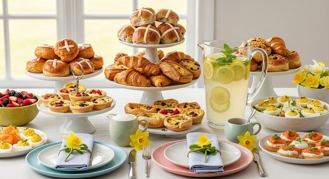 Easter Brunch Spread: A beautifully laid table for Easter brunch features a delightful array of sweet and savory dishes, including hot cross buns, croissants, fruit tarts, deviled eggs.