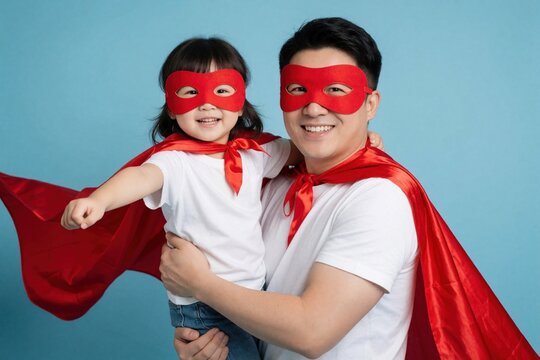 Happy Asian father, little daughter wear red superhero masks, capes. Smiling man holds child against blue background. Family plays pretend game as brave heroes. Fun childhood concept with dad, girl