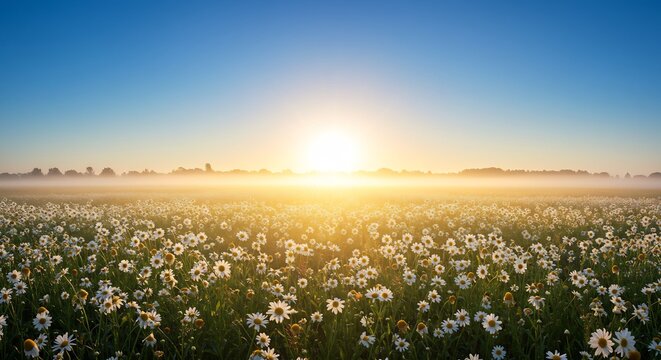 Sunrise over Daisy Field: A breathtaking panoramic view of a vast field brimming with delicate white daisies, bathed in the golden hues of a rising sun, with a gentle mist hovering over the horizon.