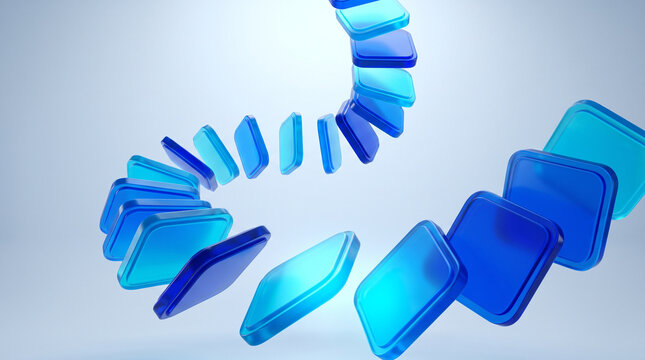 Abstract 3D render of floating transparent blue glass squares arranged in a dynamic spiral sequence against a light gradient background.