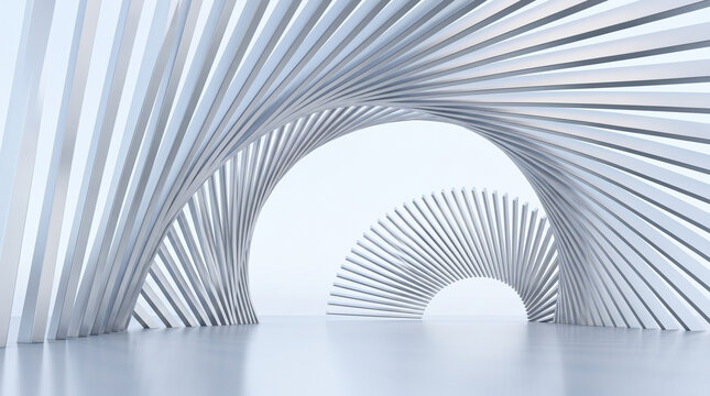 Abstract 3D render of modern white architectural curved beams forming geometric intersecting archways on a reflective floor in a bright minimal space.