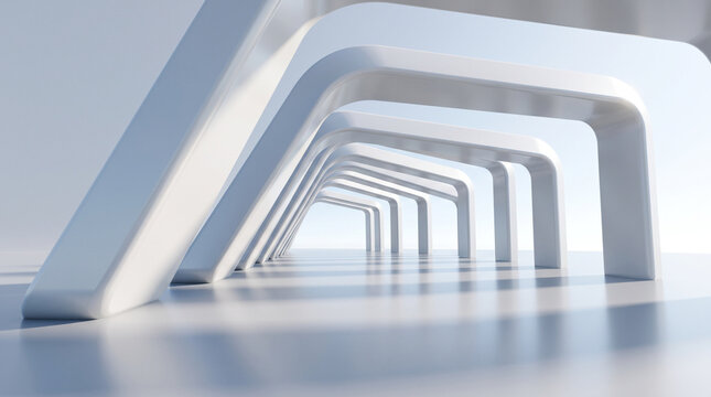 Abstract modern architecture featuring a long white futuristic corridor with repeating geometric arches, a reflective floor, and bright sunlight.