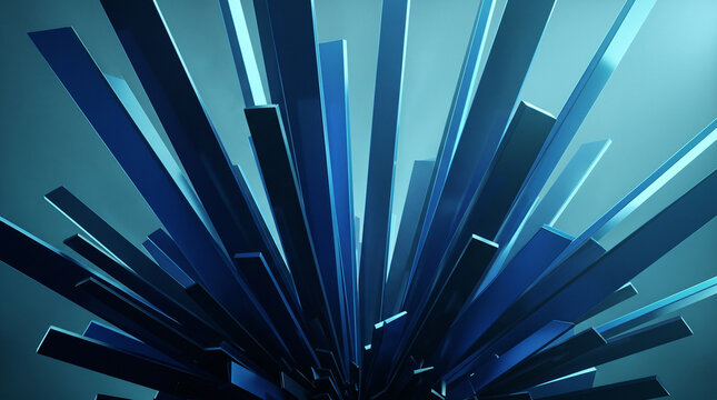 Abstract 3D render of dynamic dark blue geometric rectangular bars radiating outwards in a burst pattern against a gradient background.