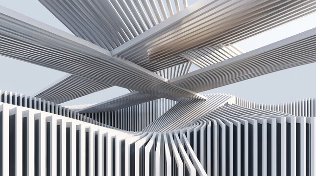 Abstract 3D render of complex intersecting white geometric beams and parametric curved architectural structures.