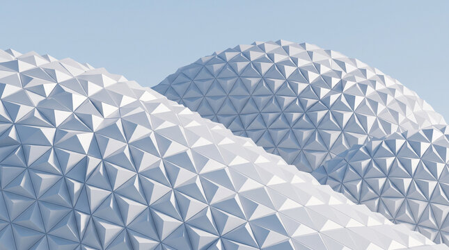 Modern futuristic architecture featuring white triangular faceted geodesic domes against a clear blue sky.