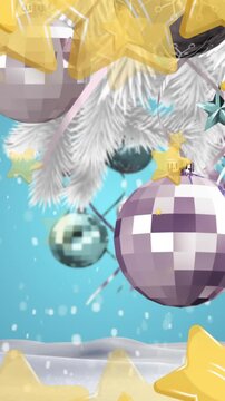 Animation of falling golden stars and christmas decoration over red background