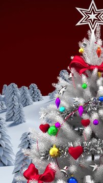 Animation of fir tree with decoration in winter landscape on red background