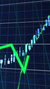 Animation of statistical and financial data processing over grid network against blue background