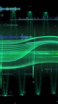 Animation of data processing over green digital wave and light spot against black background