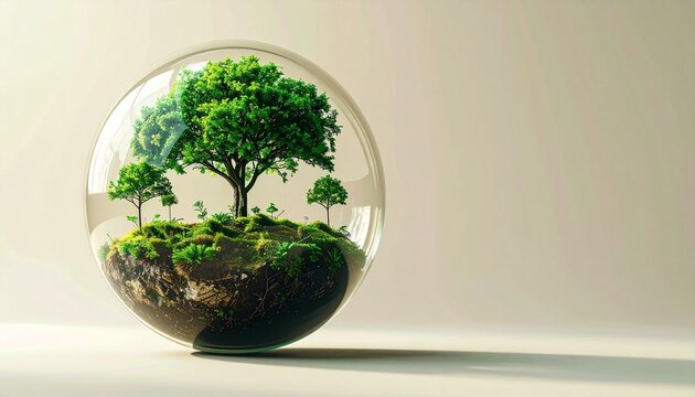 Green tree inside transparent glass sphere for ecosystem save earth concept