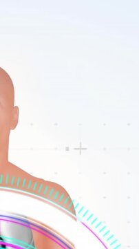 Animation of glitch effect over human body model and round scanner against white background