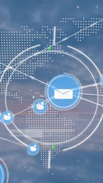 Animation of scope scanning over network of digital icons and spinning globe against blue sky